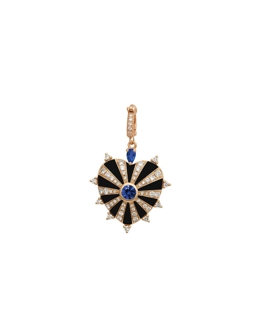 Small Mila Heart Pendant- Black Enamel, Blue Sapphire, White Diamonds, Yellow Gold
