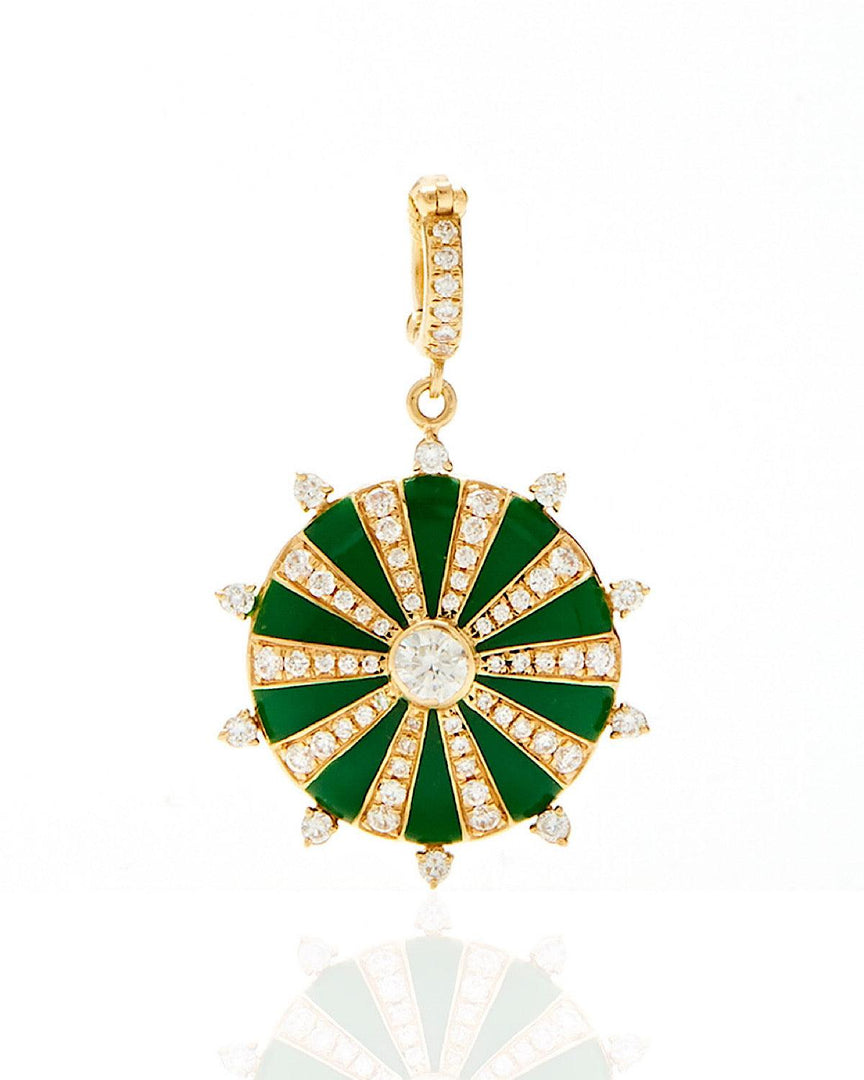 Large Mila Sun Pendant- Green Enamel, Diamonds