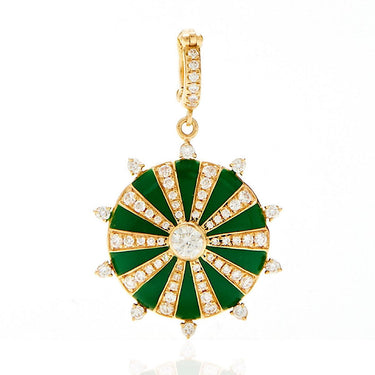 Large Mila Sun Pendant- Green Enamel, Diamonds