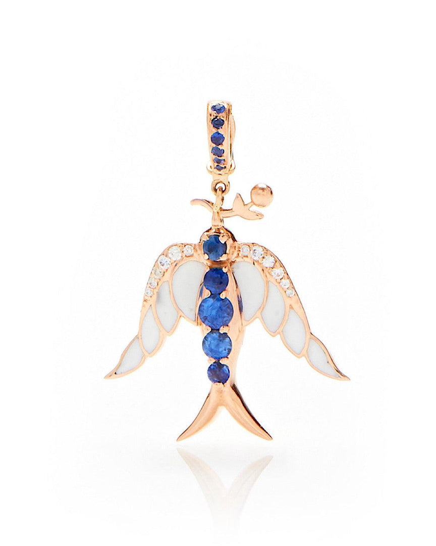 Alicia Bird Pendant- Blue Sapphires, White Enamel