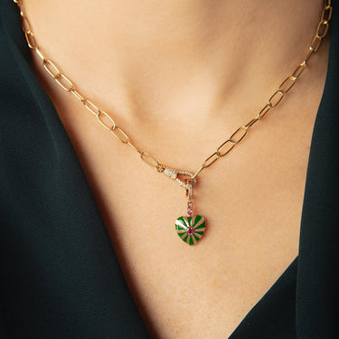 Small Mila Heart Pendant- Green Enamel, Pink Sapphire