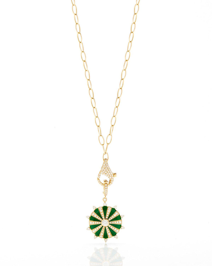 Large Mila Sun Pendant- Green Enamel, Diamonds