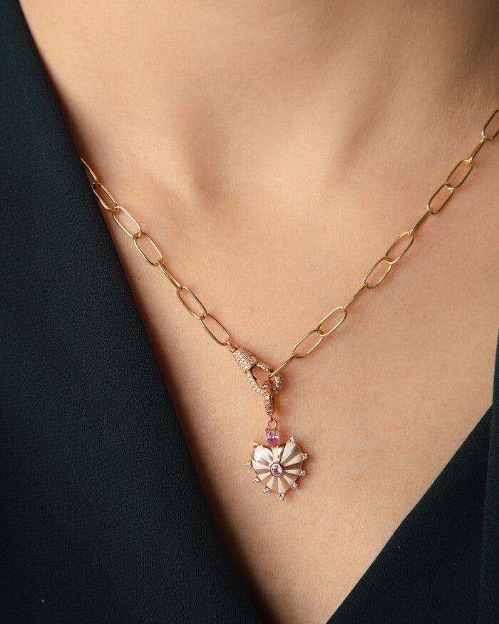 Small Mila Heart Pendant- White Enamel, Pink Sapphire