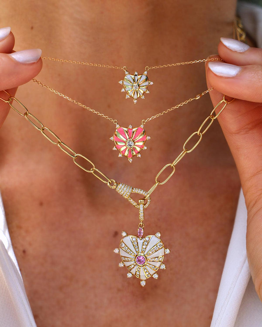 Small Mila Heart necklace with Diamonds around, Pink Enamel