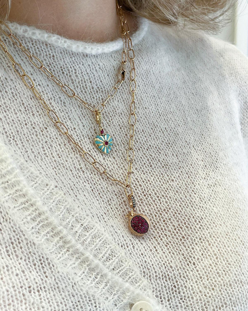 Small Mila Heart Pendant- Turquoise Enamel, Ruby
