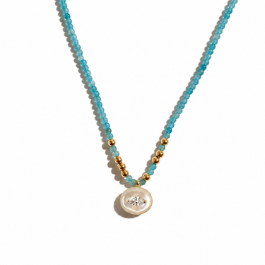 Apatite and Mother of Pearl Gold Beads Necklace