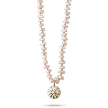 Beaded Mini Mila Sun Necklace in 18K gold with white diamonds and freshwater pearl by Joanna Dahdah, image 1