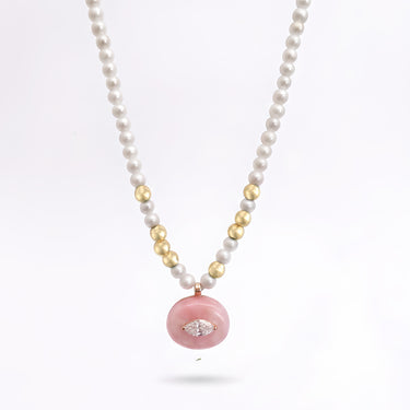 Pearls and Pink Opal Gold Beads Necklace