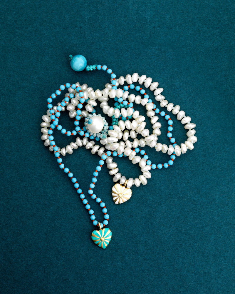 Beaded Mini Mila Heart Necklace, Turquoise, Yellow Gold in 18K yellow gold with white diamonds, turquoise and freshwater pearl by Joanna Dahdah, image 2