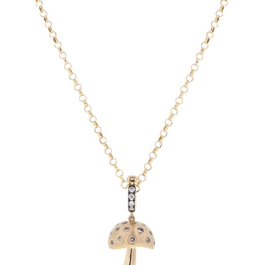 Mini Mushroom Pendant, Scattered Diamonds, Yellow Gold in 18K yellow gold with brown diamonds and ruby by Joanna Dahdah, image 2