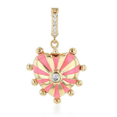 Large Mila Heart Pendant, Pink Enamel, Gold Beads, Yellow Gold in 18K yellow gold by Joanna Dahdah