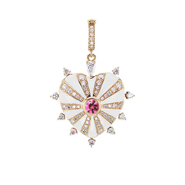 Large Mila Heart Pendant - White Enamel, Pink Sapphire, Yellow Gold