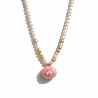 Pearls and Pink Opal Gold Beads Necklace