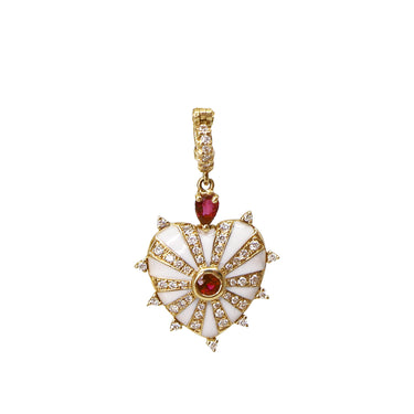 Small Mila Heart Pendant, White Enamel, Ruby and Diamonds- Yellow Gold