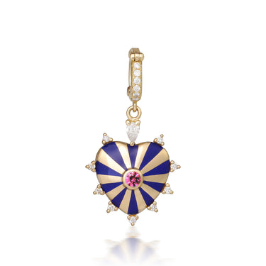 Small Mila Heart Pendant, Blue Enamel, Pink Sapphire and Diamonds- Yellow Gold