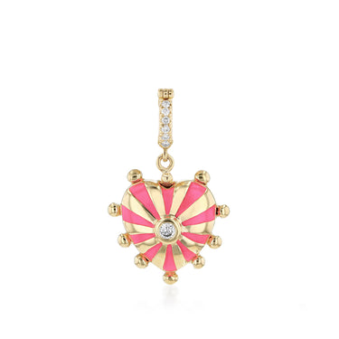 Small Mila Heart Pendant, Pink Enamel, White Diamond and Gold beads- Yellow Gold