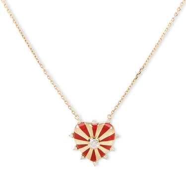 Small Mila Heart necklace with Diamonds around - Red Enamel, Yellow Gold
