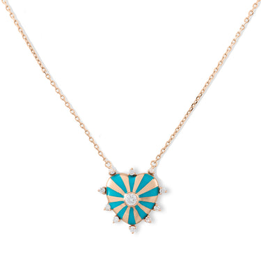 Small Mila Heart necklace with Diamonds around - Turquoise Enamel, Yellow Gold