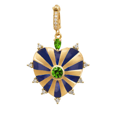 Large Mila Heart, Blue enamel, Tsavorite and White Diamond- Yellow Gold